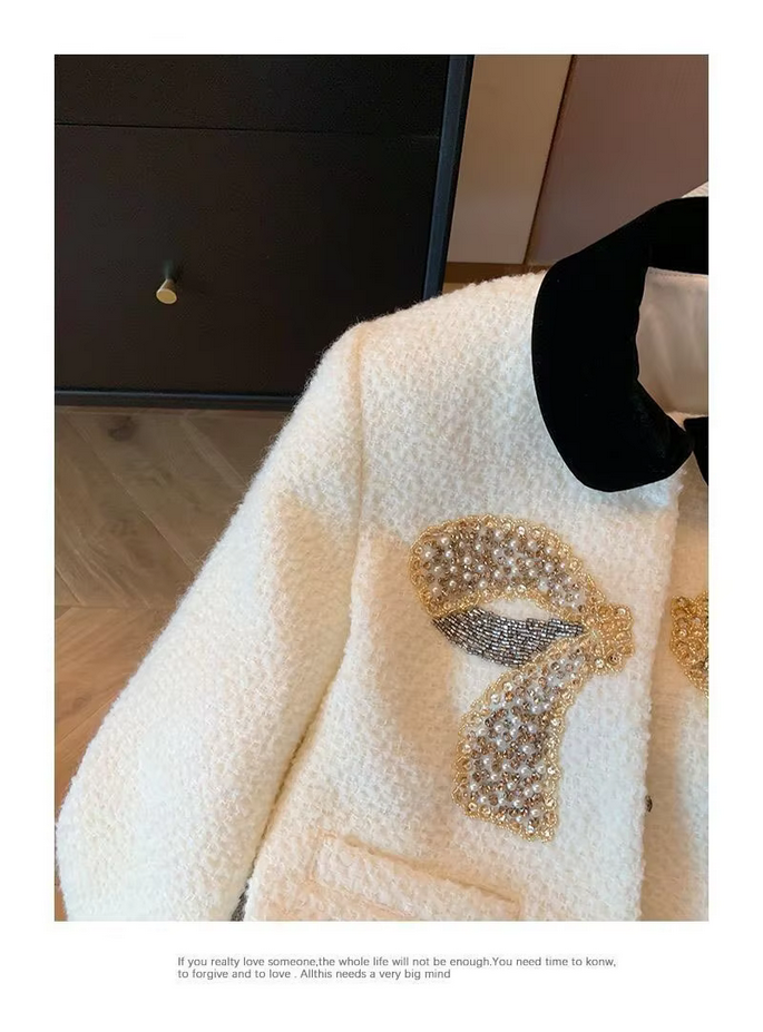 White Korean Bow Elegant Tweed Jacket Coat