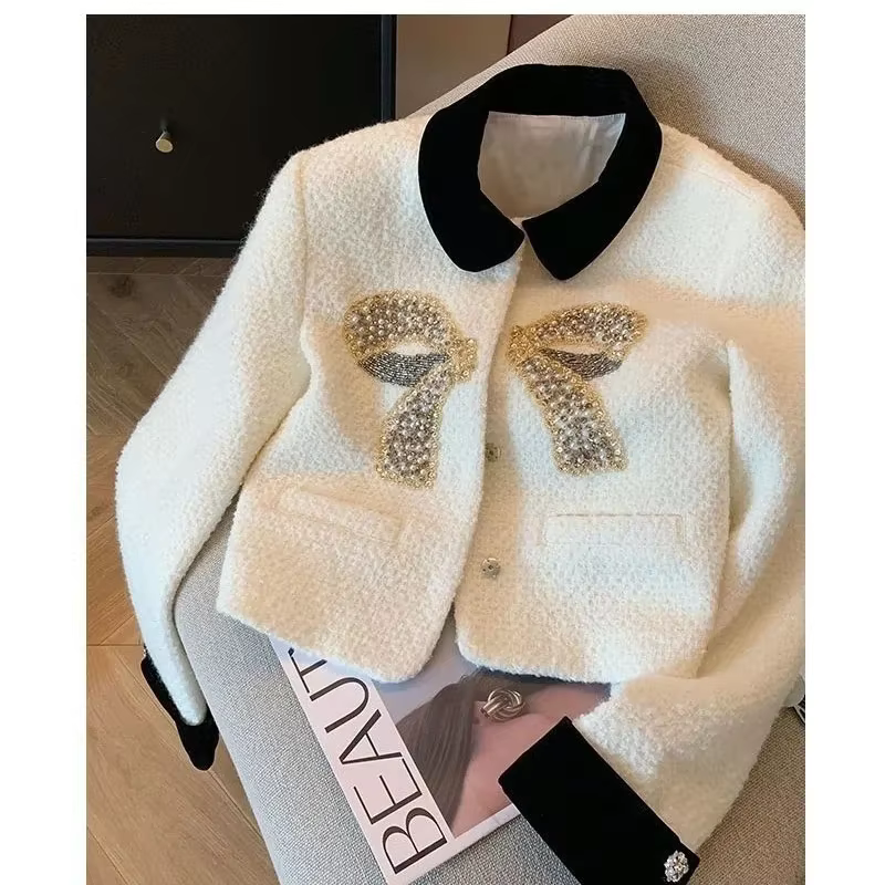 White Korean Bow Elegant Tweed Jacket Coat