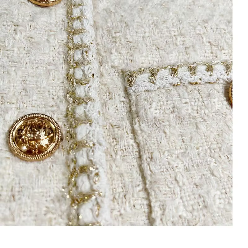 Chic White Tweed Coat with Gold Buttons
