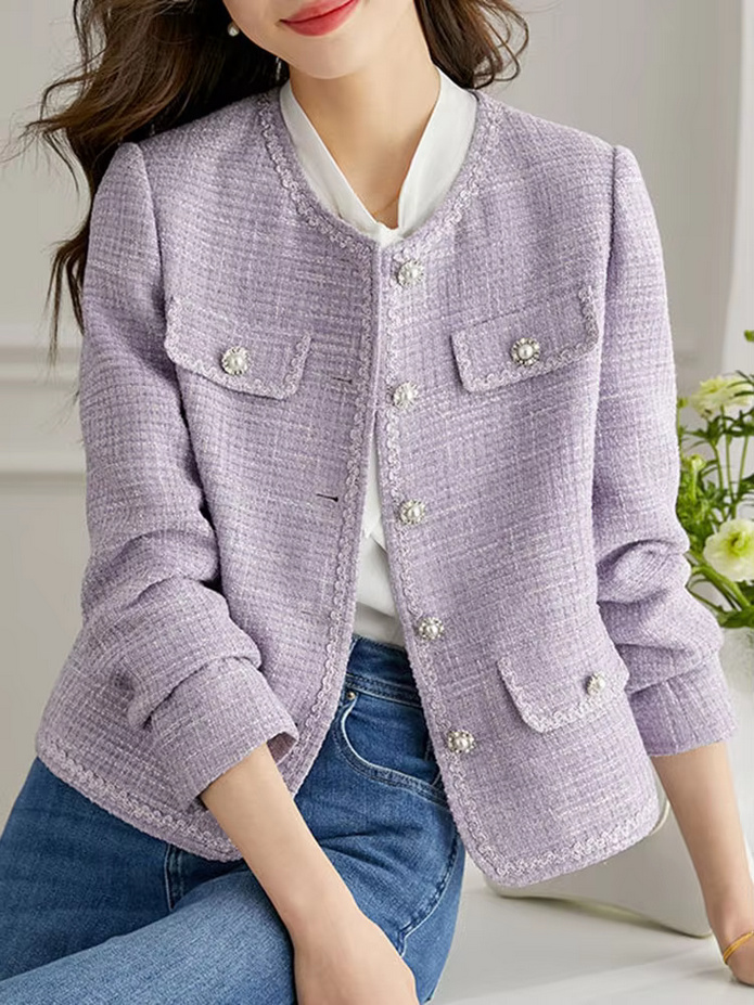Elegant Korean O-neck Tweed Woolen Coat
