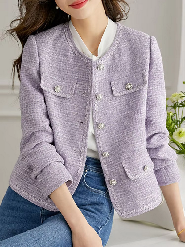 Elegant Korean O-neck Tweed Woolen Coat