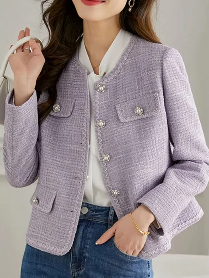 Elegant Korean O-neck Tweed Woolen Coat