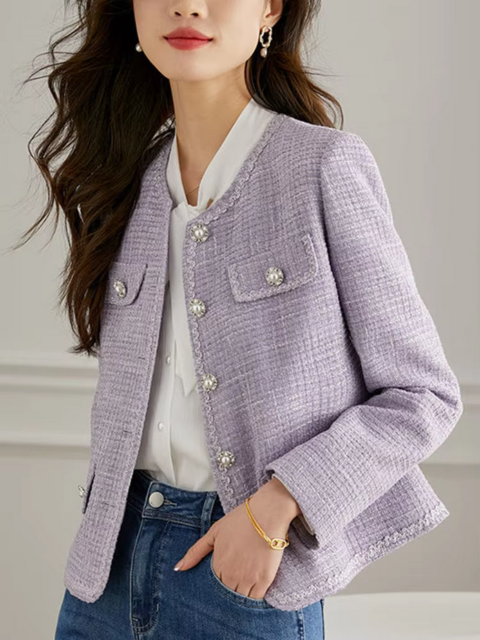 Elegant Korean O-neck Tweed Woolen Coat