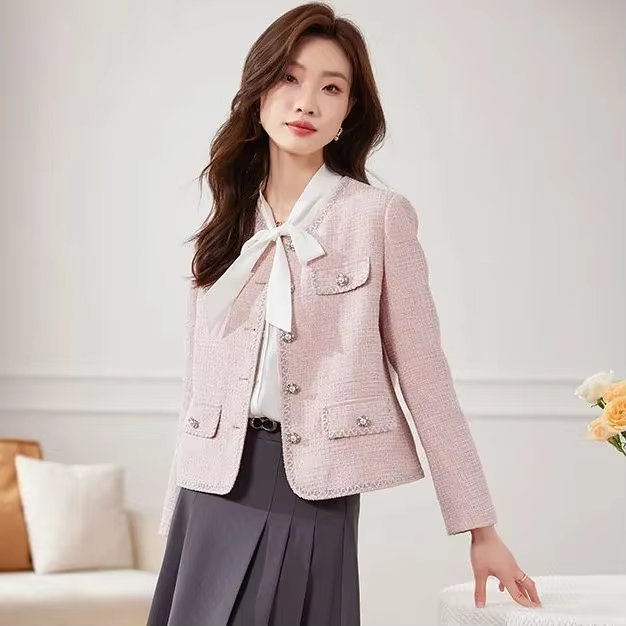 Elegant Korean O-neck Tweed Woolen Coat