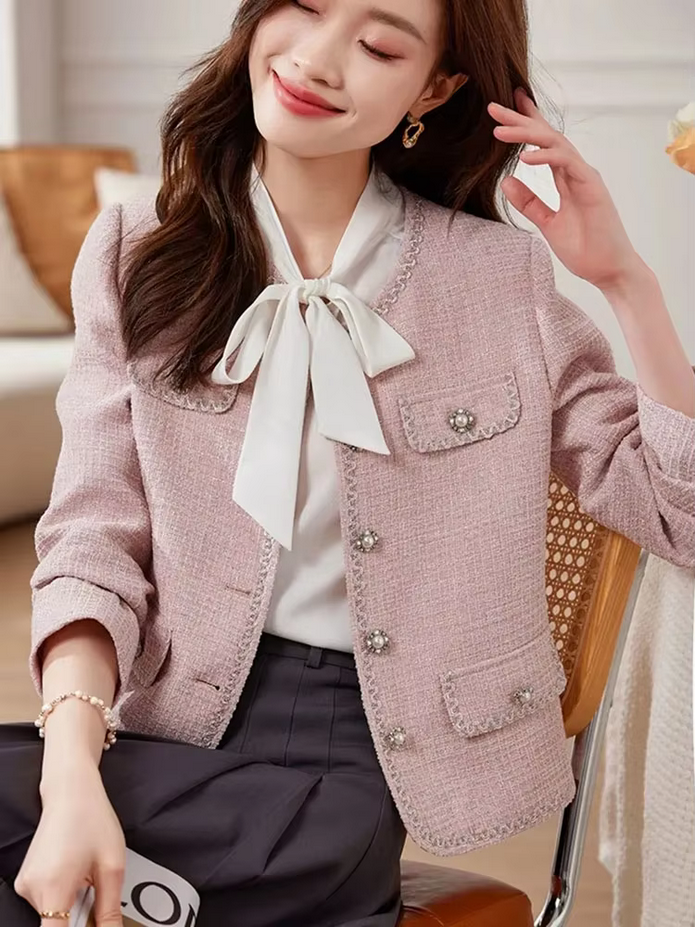 Elegant Korean O-neck Tweed Woolen Coat