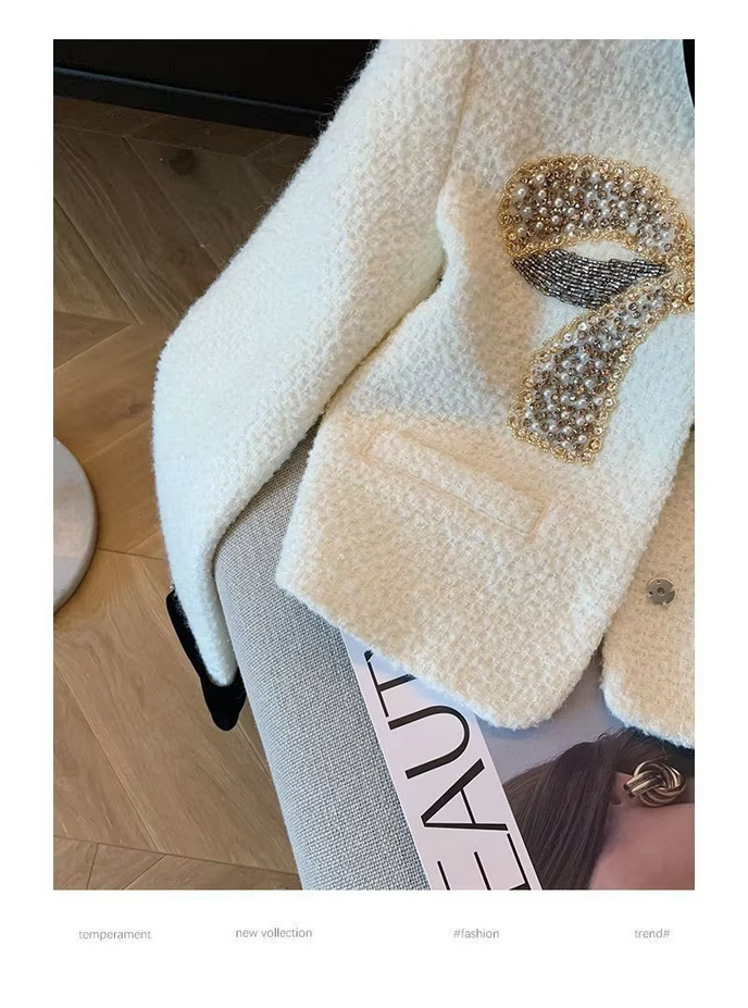 White Korean Bow Elegant Tweed Jacket Coat