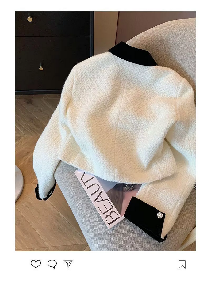 White Korean Bow Elegant Tweed Jacket Coat