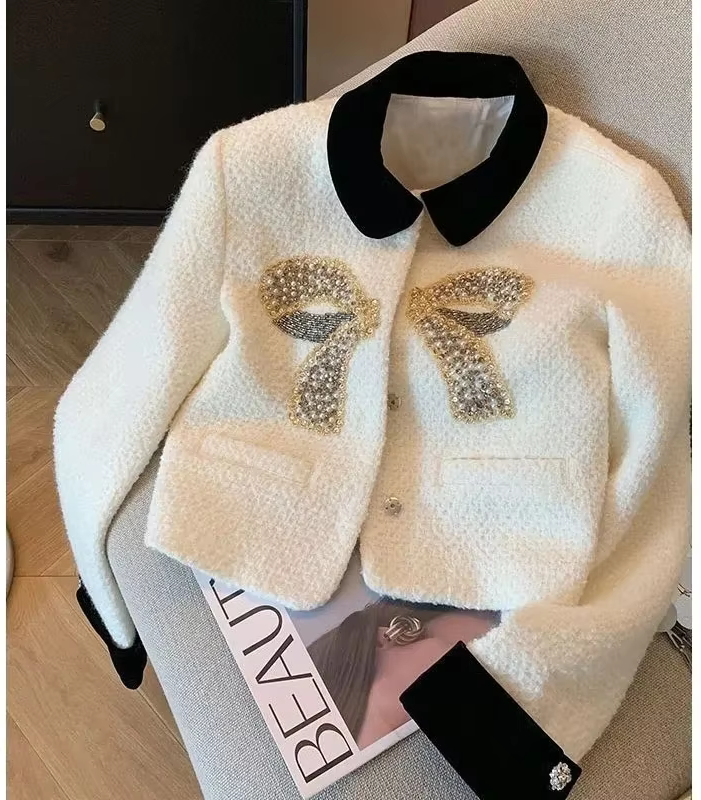 White Korean Bow Elegant Tweed Jacket Coat