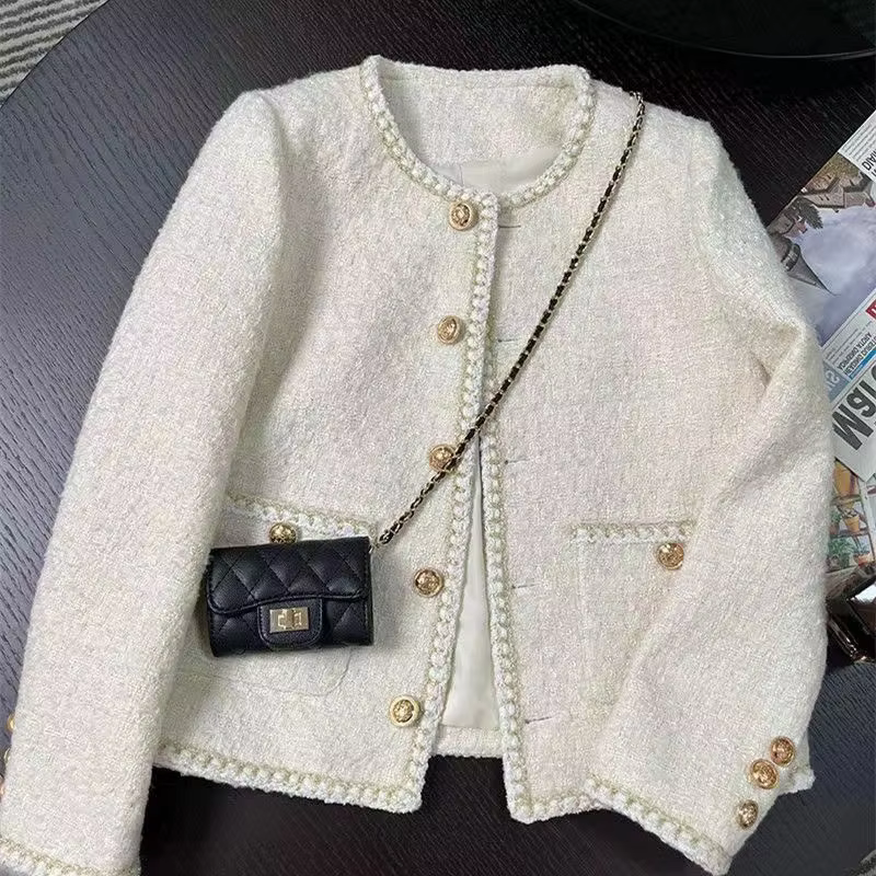 Chic White Tweed Coat with Gold Buttons