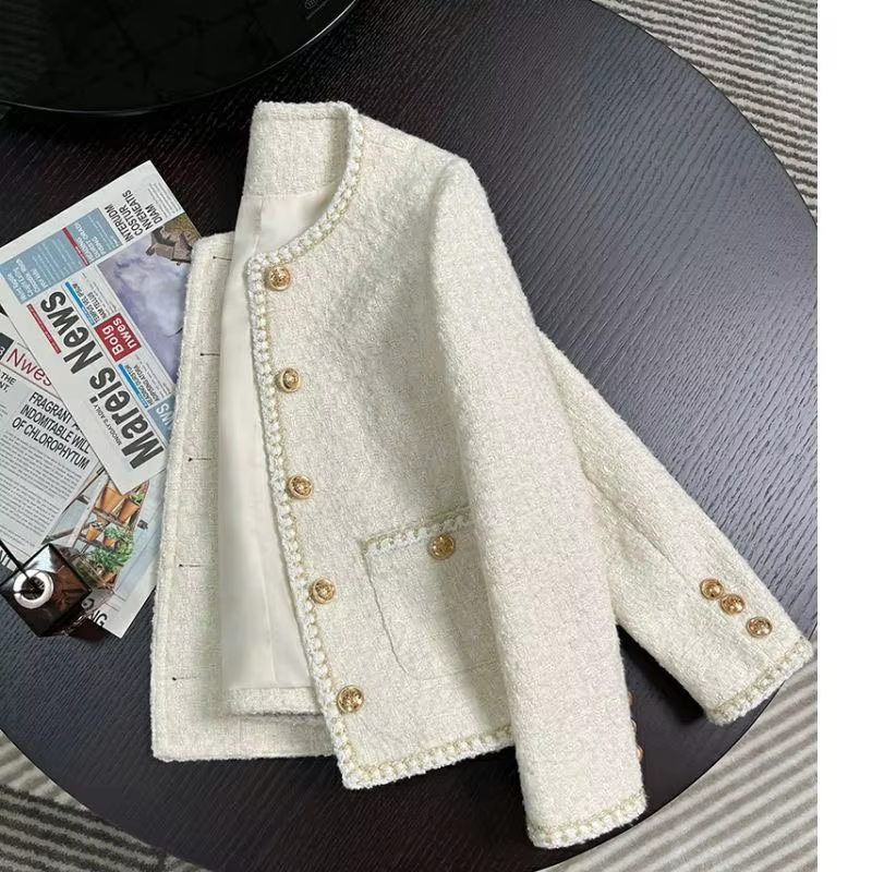 Chic White Tweed Coat with Gold Buttons