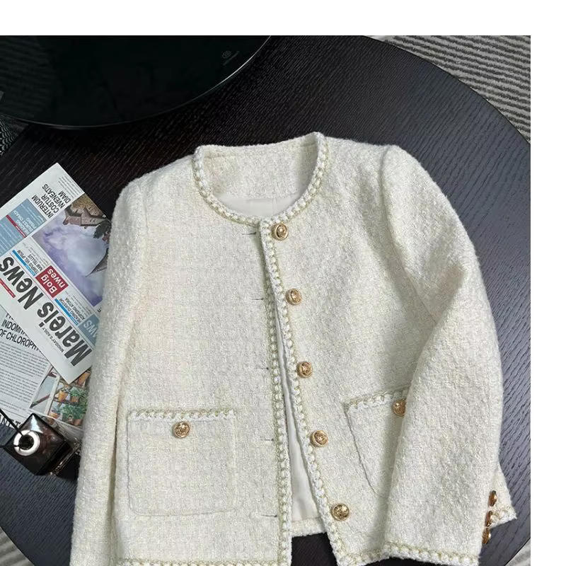 Chic White Tweed Coat with Gold Buttons