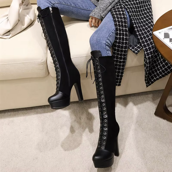 Vintage Retro Lace Up Knee High Boots