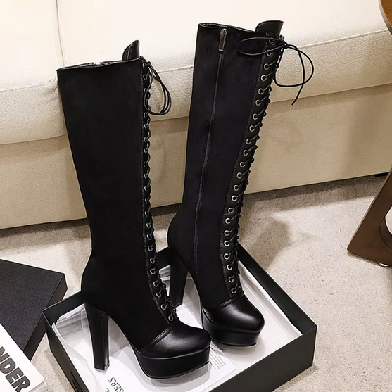 Vintage Retro Lace Up Knee High Boots