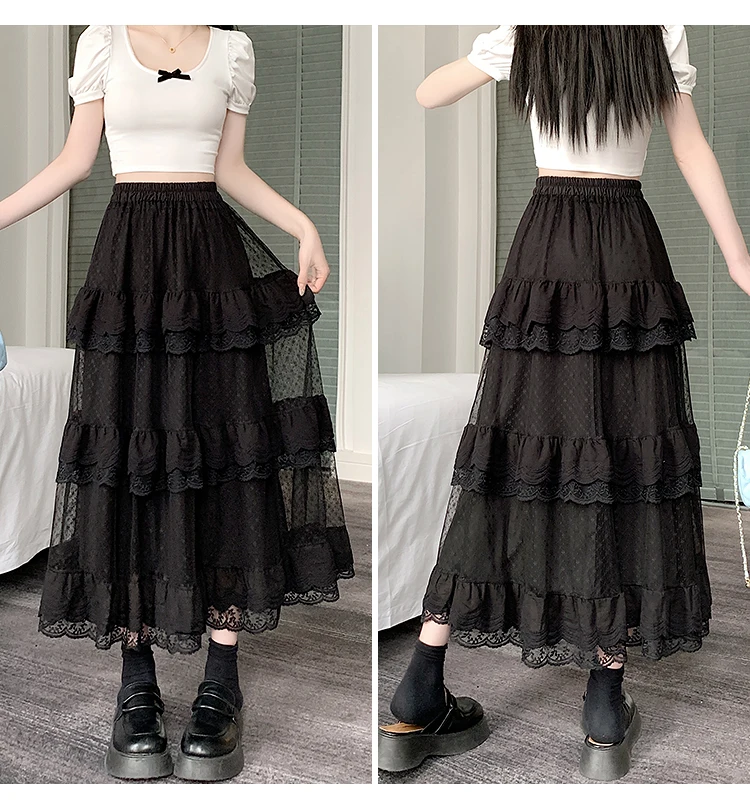 Vintage Retro Lace Ruffled Black and White Long Skirt