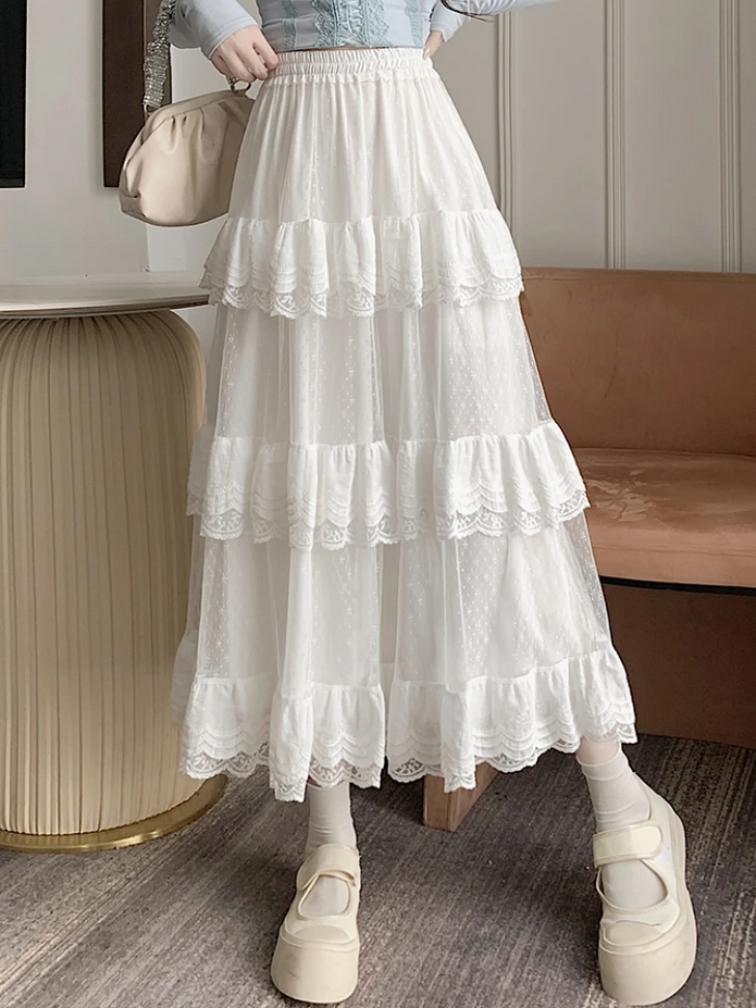 Vintage Retro Lace Ruffled Black and White Long Skirt