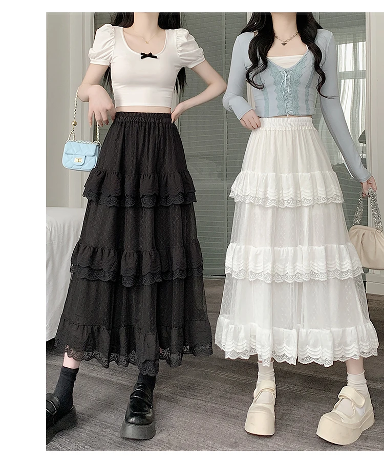 Vintage Retro Lace Ruffled Black and White Long Skirt