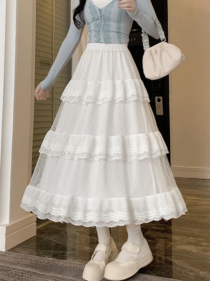 Vintage Retro Lace Ruffled Black and White Long Skirt