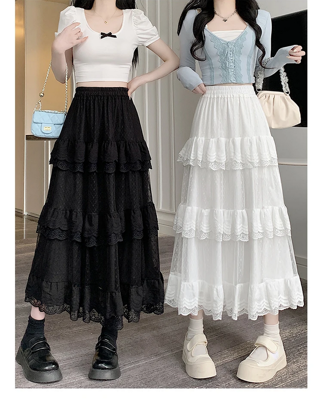 Vintage Retro Lace Ruffled Black and White Long Skirt
