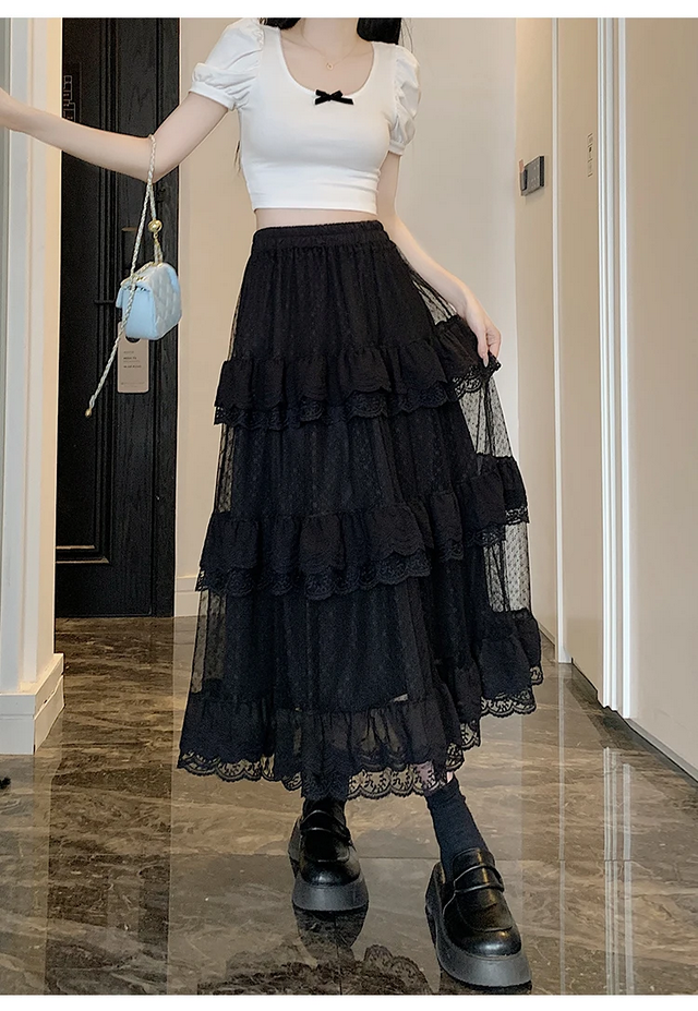 Vintage Retro Lace Ruffled Black and White Long Skirt