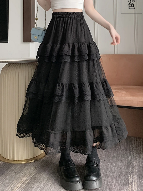 Vintage Retro Lace Ruffled Black and White Long Skirt