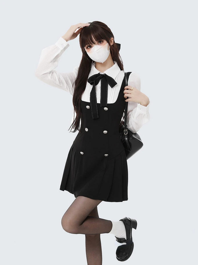 Chic Black and White Long Sleeve  Fake Two Piece Dress