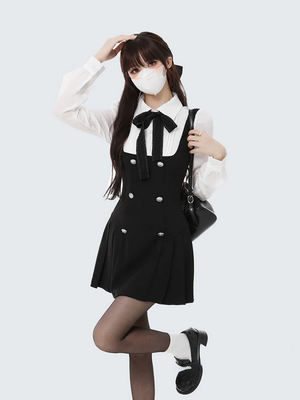 Chic Black and White Long Sleeve  Fake Two Piece Dress