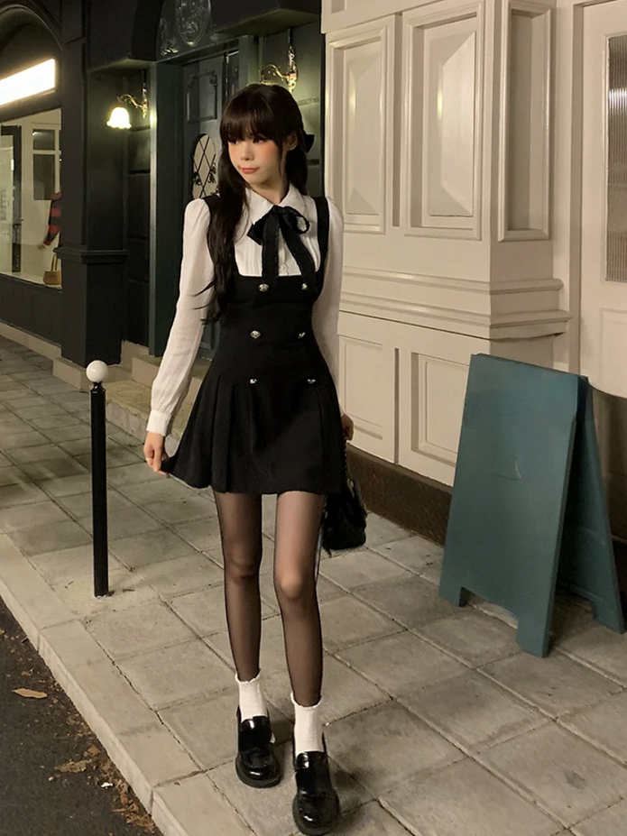 Chic Black and White Long Sleeve  Fake Two Piece Dress