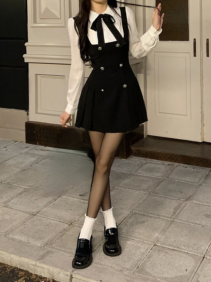 Chic Black and White Long Sleeve  Fake Two Piece Dress