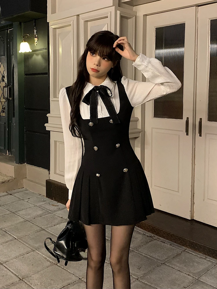 Chic Black and White Long Sleeve  Fake Two Piece Dress