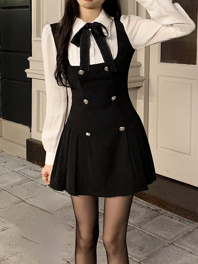 Chic Black and White Long Sleeve  Fake Two Piece Dress