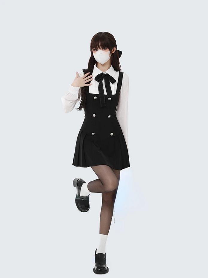Chic Black and White Long Sleeve  Fake Two Piece Dress