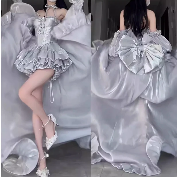 Strapless Bowknot Sweet Fairy Organza Dress with Trailing