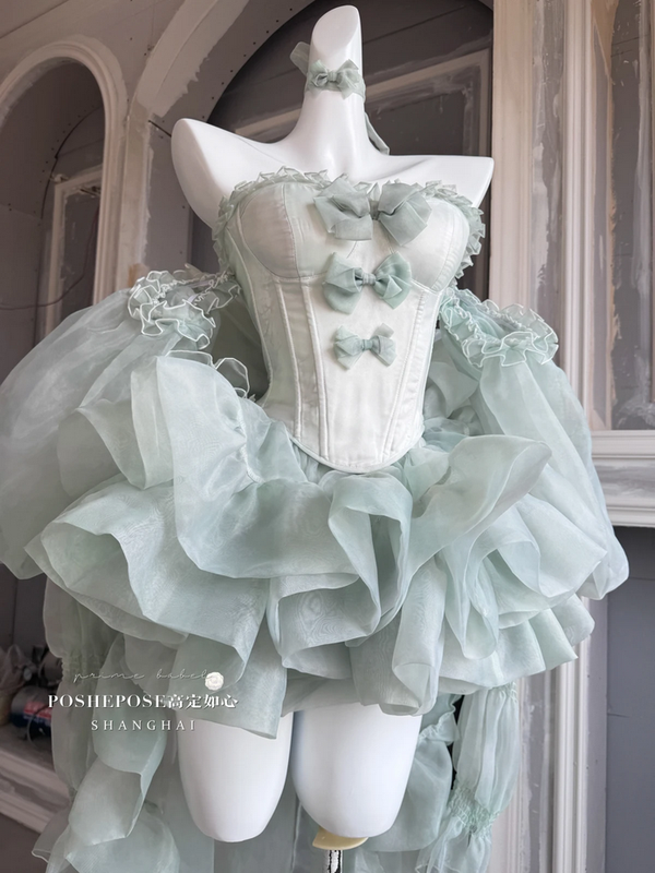 Strapless Bowknot Sweet Fairy Organza Dress with Trailing
