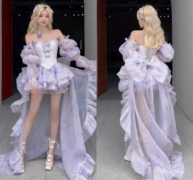 Strapless Bowknot Sweet Fairy Organza Dress with Trailing