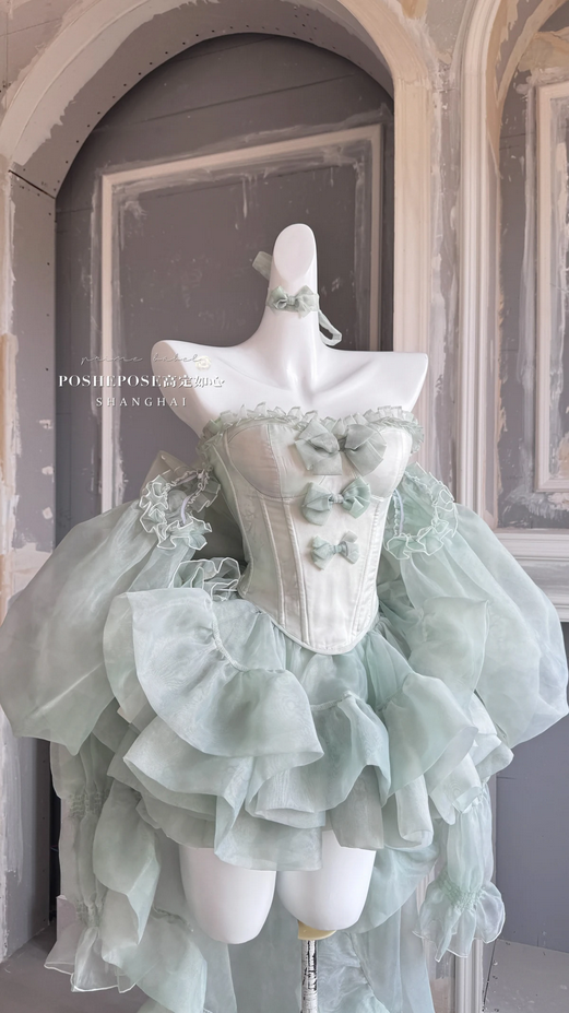Strapless Bowknot Sweet Fairy Organza Dress with Trailing