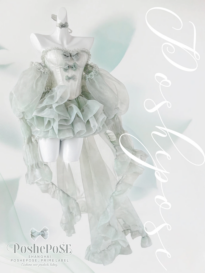 Strapless Bowknot Sweet Fairy Organza Dress with Trailing