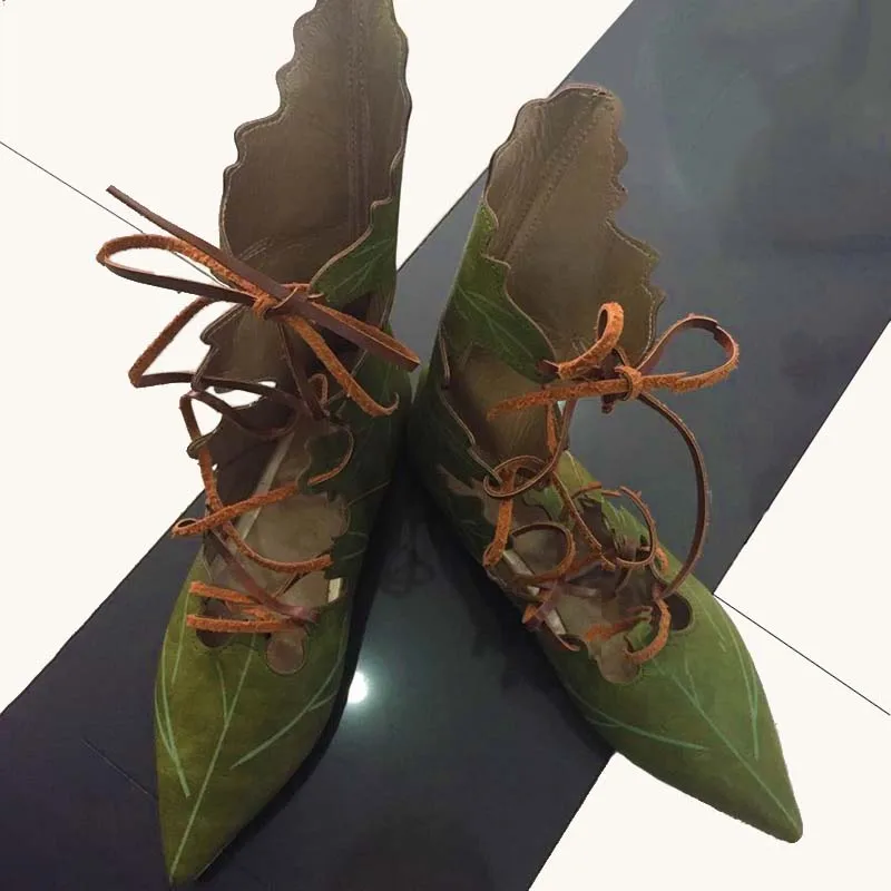 Medieval Gothic Retro Elf Witch Leaves Lace Up Shoes
