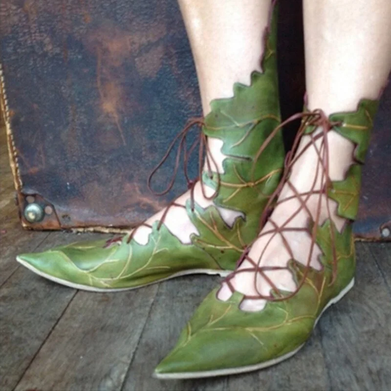 Medieval Gothic Retro Elf Witch Leaves Lace Up Shoes