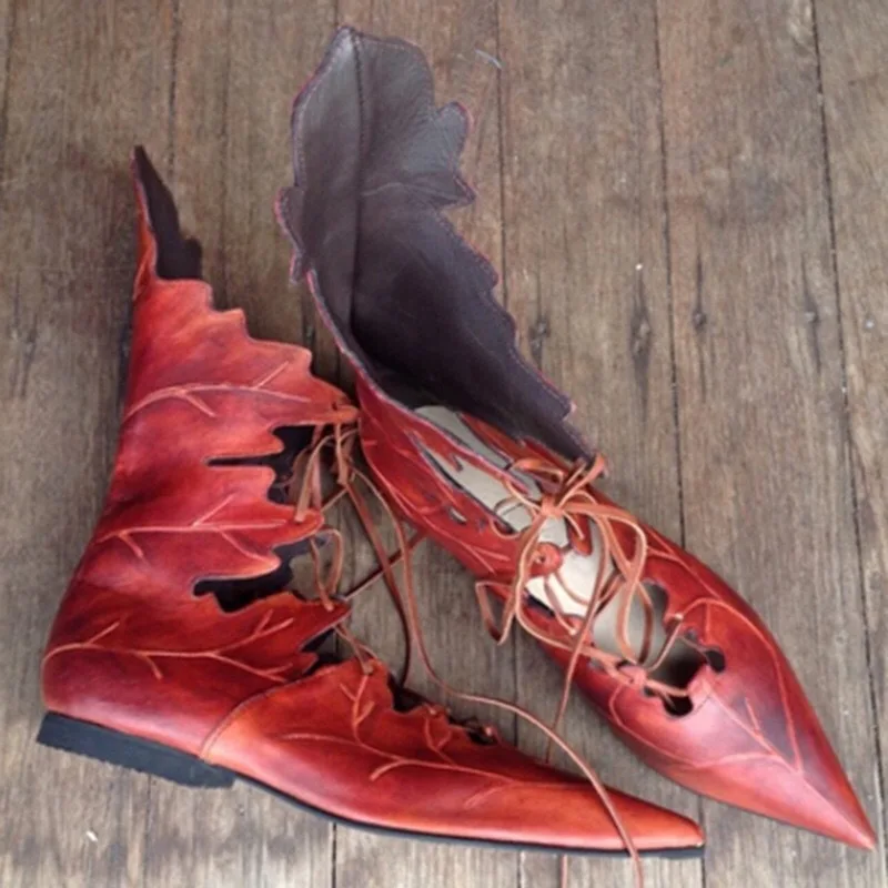 Medieval Gothic Retro Elf Witch Leaves Lace Up Shoes