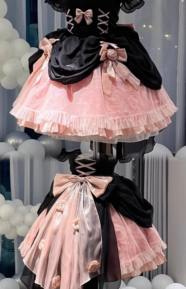 Beautiful Black and Pink Lolita Kawaii Lace up Dress with Bow