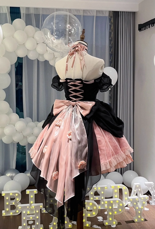 Beautiful Black and Pink Lolita Kawaii Lace up Dress with Bow