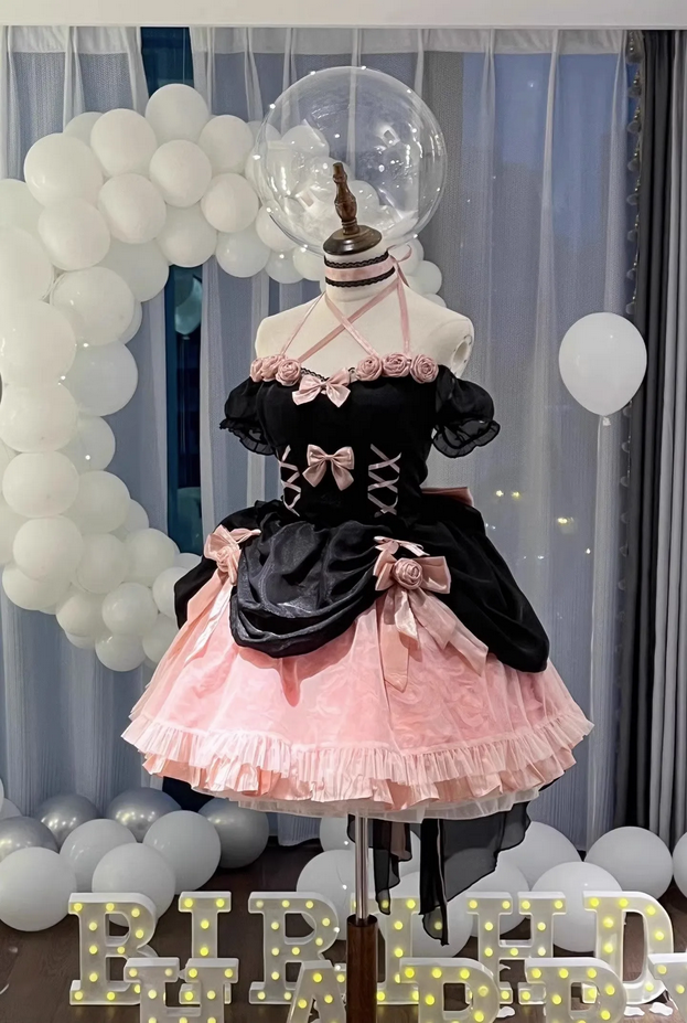 Beautiful Black and Pink Lolita Kawaii Lace up Dress with Bow