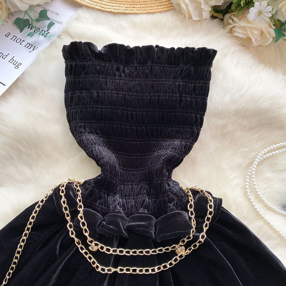 Gothic Vintage Velvet Strapless Off Shoulder Sleeveless Dress with Golden Chain