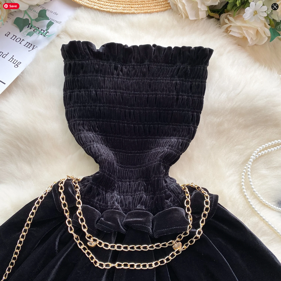 Gothic Vintage Velvet Strapless Off Shoulder Sleeveless Dress with Golden Chain