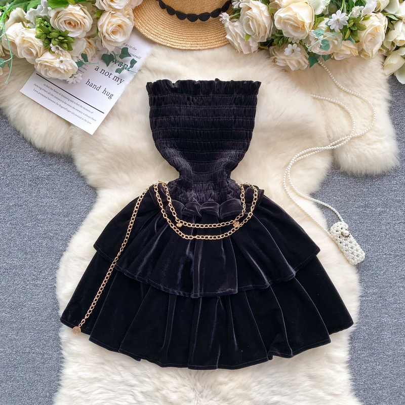 Gothic Vintage Velvet Strapless Off Shoulder Sleeveless Dress with Golden Chain