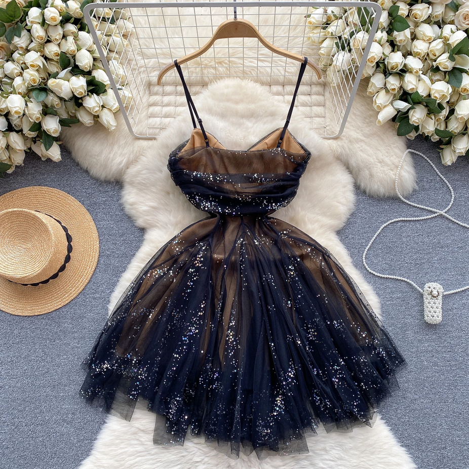 Chic Spaghetti Strap Glitter French Party Dress