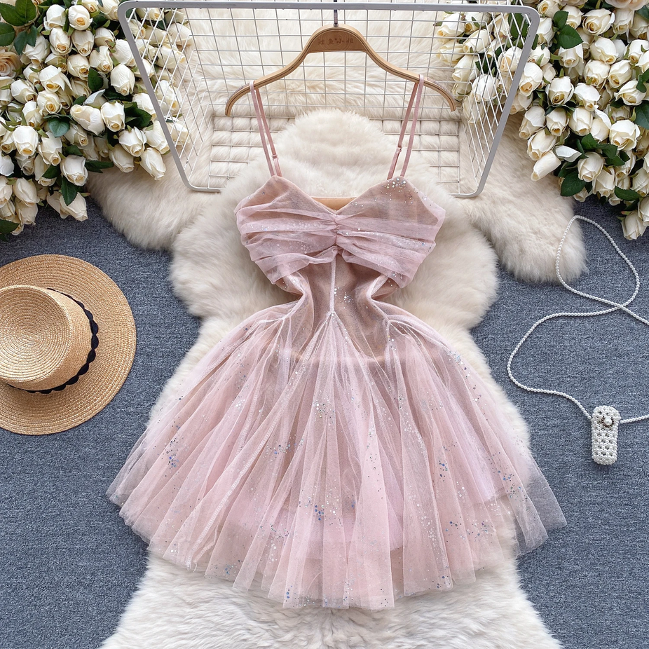 Chic Spaghetti Strap Glitter French Party Dress