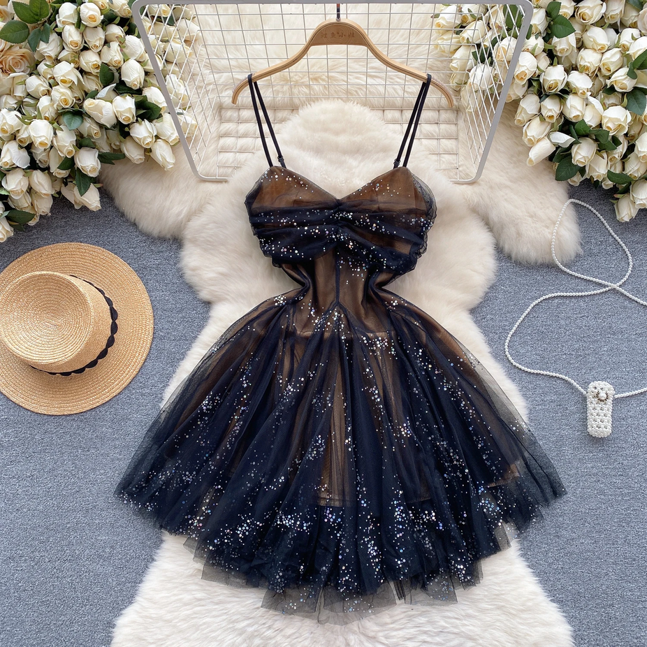 Chic Spaghetti Strap Glitter French Party Dress