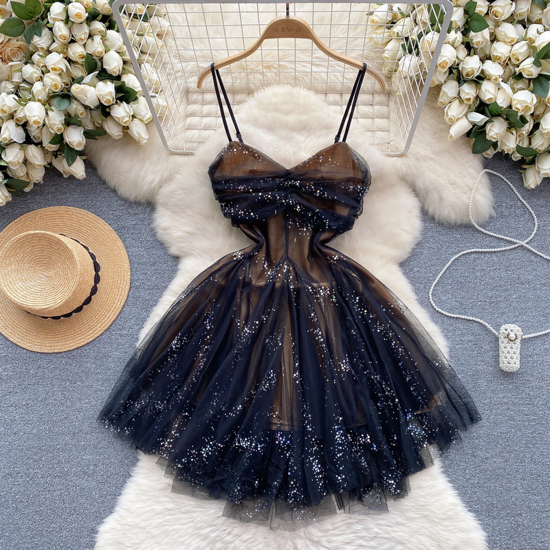 Chic Spaghetti Strap Glitter French Party Dress
