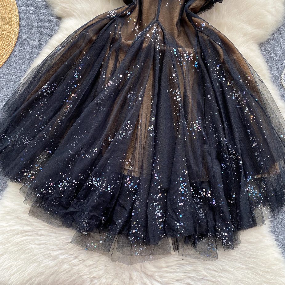 Chic Spaghetti Strap Glitter French Party Dress